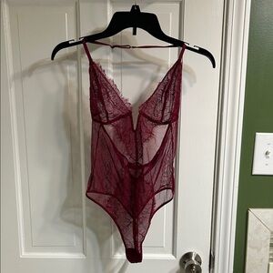 Victoria's Secret Burgundy Lace Sheer Teddy Bodysuit